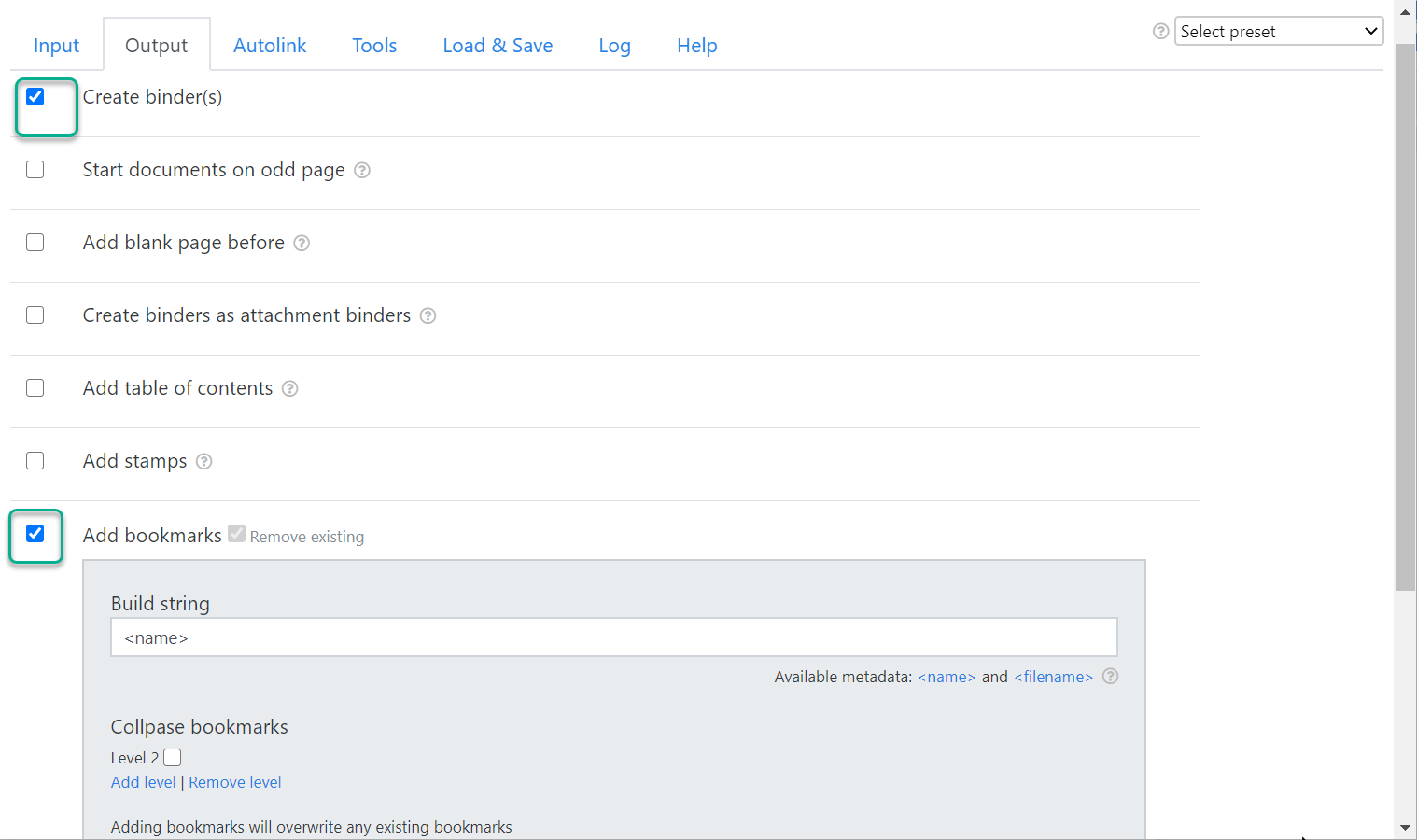 Output settings